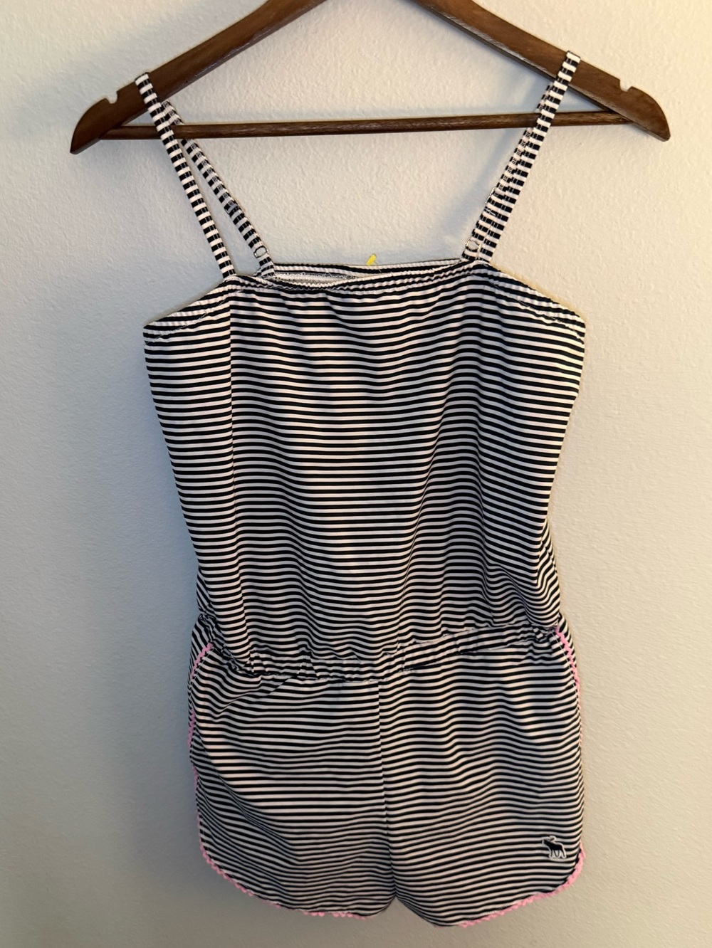 abercrombie kids Navy & White Striped Romper with Pink Trim